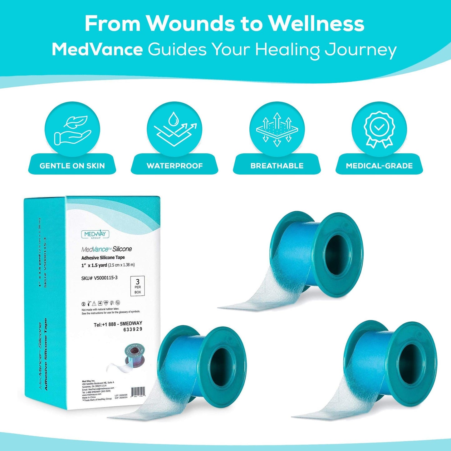 MedVance Silicone Adhesive Medical Tape, Scar Sheet, 1" x5' (3 Pack) | Medical Grade & Waterproof