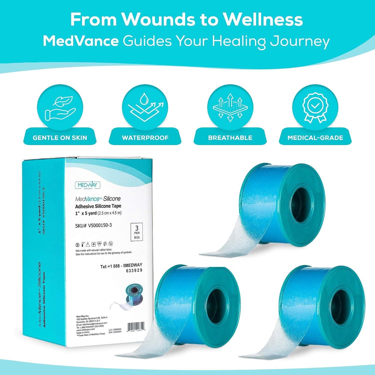 MedVance Silicone Adhesive Medical Tape, Scar Sheet, 1" x5' (3 Pack) | Medical Grade & Waterproof