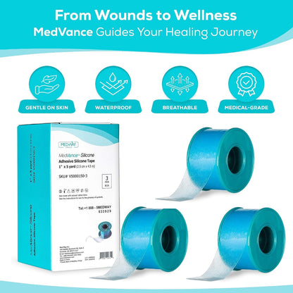 MedVance Silicone Adhesive Medical Tape, Scar Sheet, 1" x5' (3 Pack) | Medical Grade & Waterproof