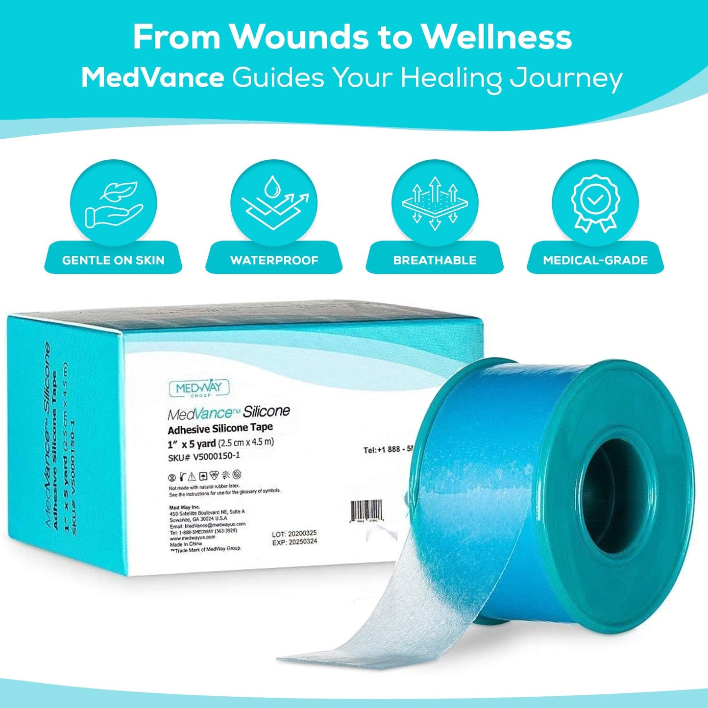 MedVance Silicone Adhesive Medical Tape, Scar Sheet, 1" x5' (3 Pack) | Medical Grade & Waterproof