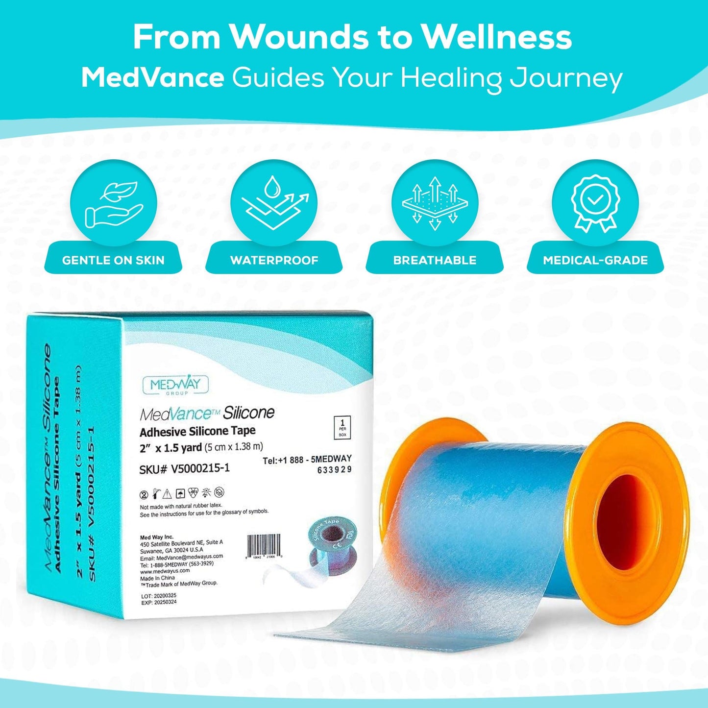 MedVance Silicone Adhesive Medical Tape, Scar Sheet, 1" x5' (3 Pack) | Medical Grade & Waterproof
